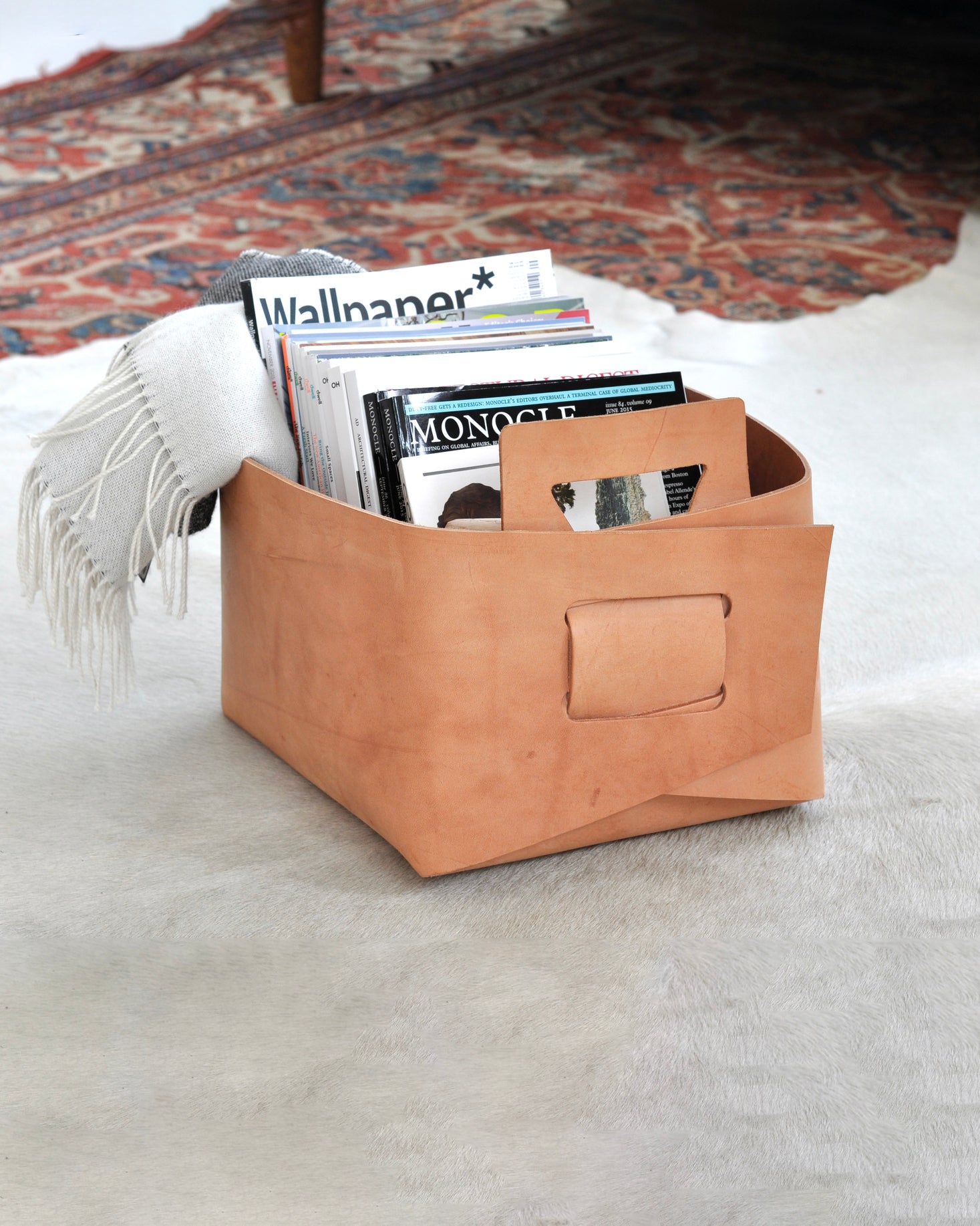 Small Leather Basket in Natural